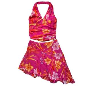 Cache pink floral print halter and asymmetrical skirt set